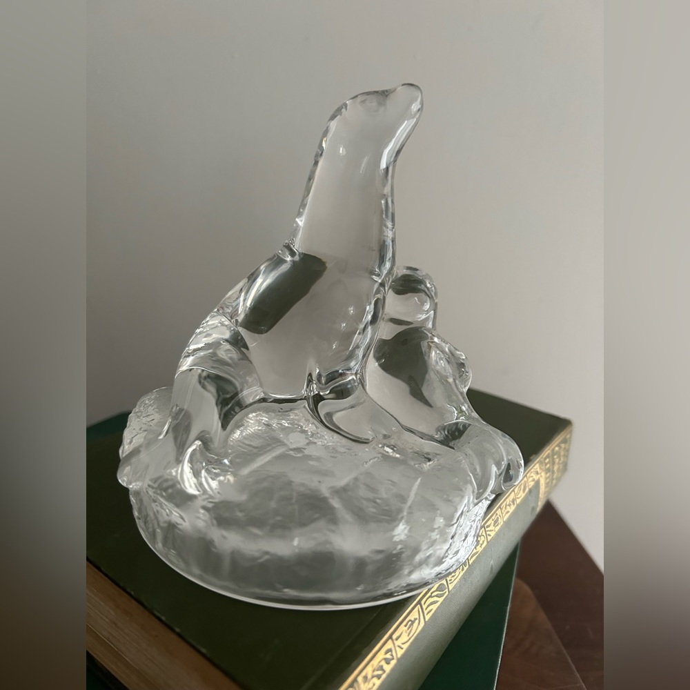 Clear Glass Crystal Seals "Mother and Baby Pup" Figurine Paperweight 6” Tall